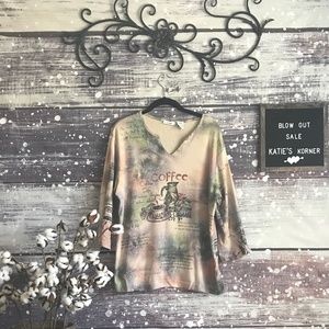 Patterned "Coffee" Themed Cropped-Sleeve Tee